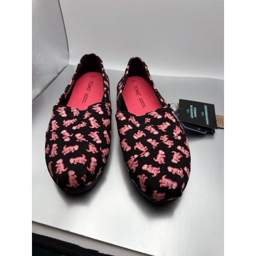 NEW TOMS Women's Pink Dinosaur Alpargata Shoes Glow in the Dark Neon T-Rex Sz 6